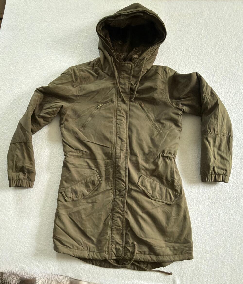 American Eagle Outfitters Parka Jacket Womens Small Olive Green Faux Fur Sherpa